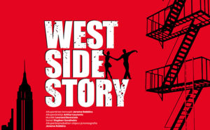Piirroskuva, jossa rakennus, West Side Story -teksti, tanssipari ja portaikko