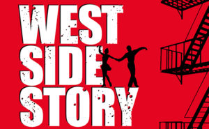 Piirroskuva, jossa West Side Story -teksti, tanssipari ja portaikko