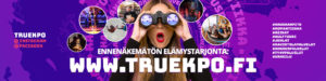TrueKPO-mainoskuva, jossa nainen kiikareiden kanssa