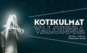 Kotikulmat valoissa -teksti ja valolla piirretty viiva.