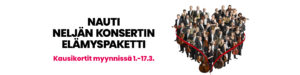 "Nauti neljän konsertin elämyspaketti" -teksti ja orkesterimuusikoita sydämen muodossa.