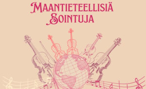 Maantieteellisiä sointuja -teksti ja piirroskuva jousisoittimista ja maapallosta.