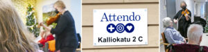 Tuula Liimatta soittamassa ikäihmisille ja Attendon kyltti.