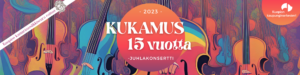 Värikäs piirroskuva jousisoittimista ja teksti Kukamus 15 vuotta.